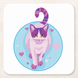 CUTE PINK AND PURPLE CAT IN A SKY CIRCLE WITH HEAR SQUARE PAPER COASTER