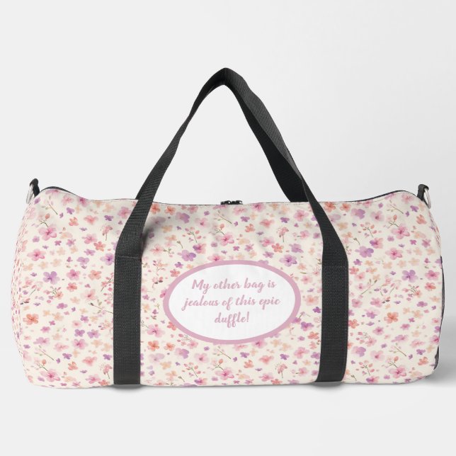 Cute Pink And Purple Floral Pattern Duffle Bag (Front)