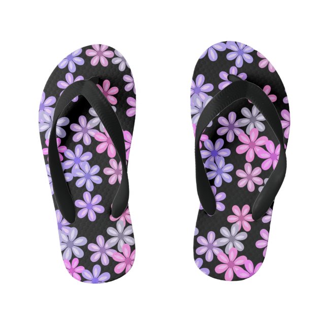 Cute Pink and Purple Flowers on Black Kid's Flip Flops (Footbed)