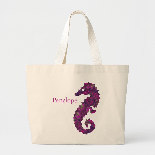 Cute Pink and Purple Fractal Seahorse with Name Large Tote Bag (Front)