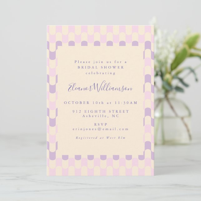 Cute Pink and Purple Groovy Retro Bridal Shower Invitation (Standing Front)