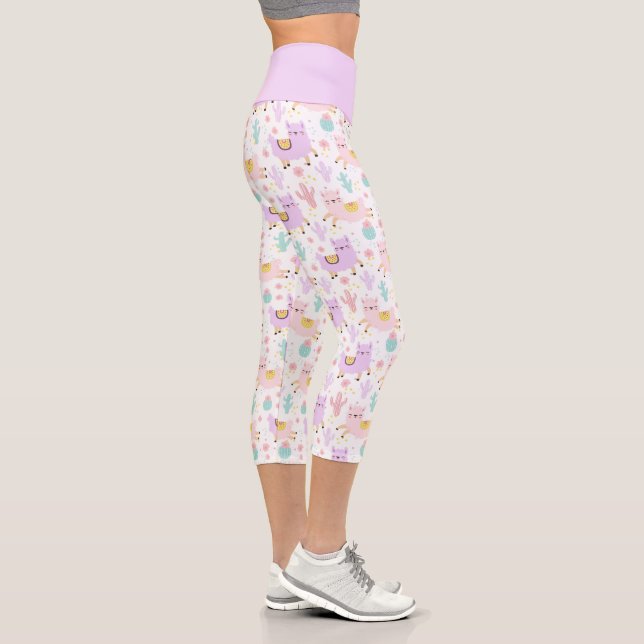Cute Pink And Purple Llama Alpaca Pattern Capri Leggings (Right)