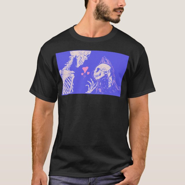 Cute Pink And Purple Skeleton With Cat - Playful K T-Shirt (Front)