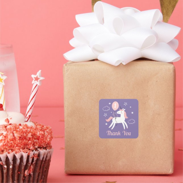 Cute Pink and Purple Unicorn Birthday Thank You Square Sticker (Party)