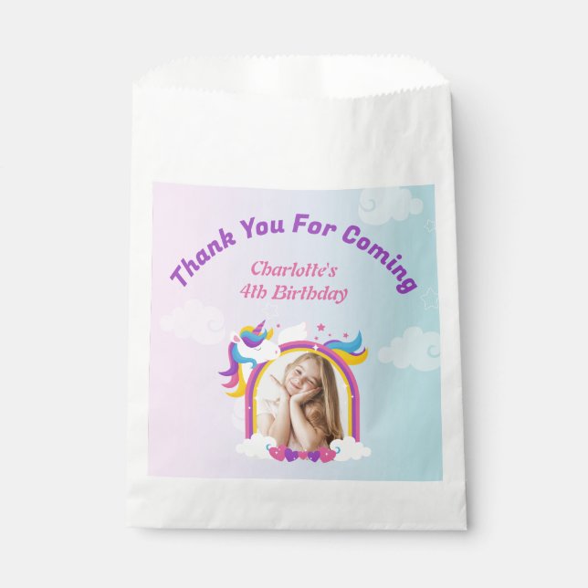 Cute pink and purple unicorn custom photo birthday favour bags (Front)