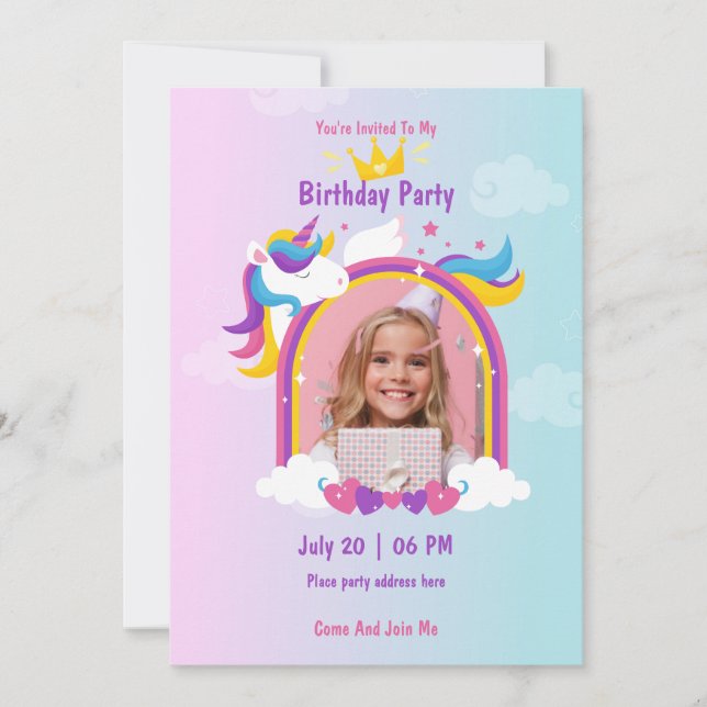 Cute pink and purple unicorn custom photo birthday invitation (Front)
