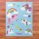 Cute Pink and Purple Unicorns and Rainbows Jigsaw Puzzle<br><div class="desc">Add a personal touch to your little girl's game collection with this cute colourful unicorn jigsaw puzzle. Puzzle has a pink unicorn,  purple unicorn,  and two white unicorns. In the background are beautiful rainbows and clouds. Add your kid's name at the bottom for a personal touch.</div>