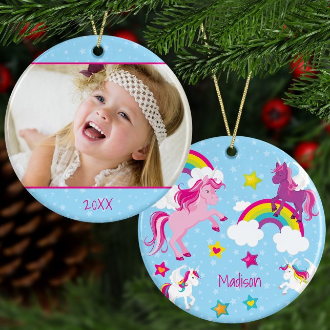Cute Pink and Purple Unicorns Christmas Photo Ceramic Tree Decoration (Creator Uploaded)
