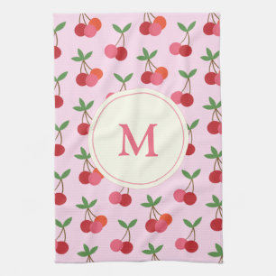 Cute Pink and Red Cherries Pattern Custom Monogram Tea Towel