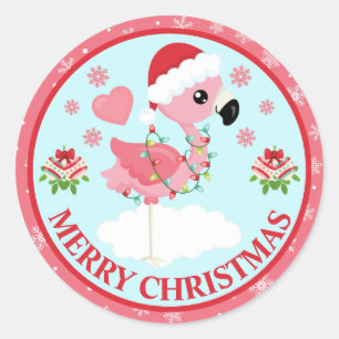 Cute Pink and Red Christmas Flamingo Winter Classic Round Sticker