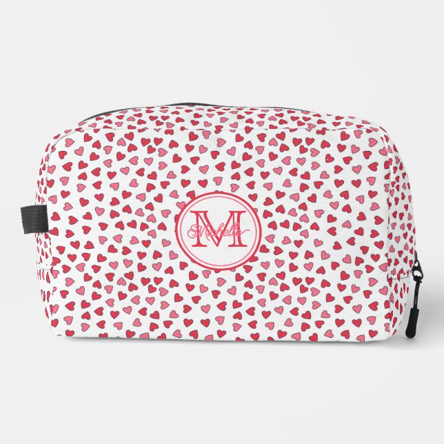 Cute Pink and Red Hearts Pattern Dopp Kit (Front)