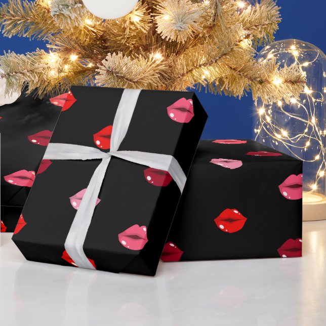 cute pink and red lips gift wrapping paper (Holidays)