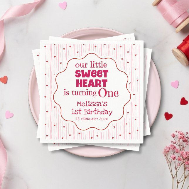 Cute Pink and Red Little SweetHeart Turning One Napkin (Creator Uploaded)
