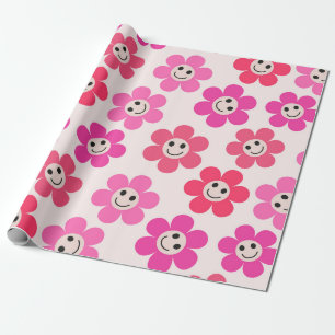 Cute Pink and red Smiling Flowers Pattern Wrapping Paper