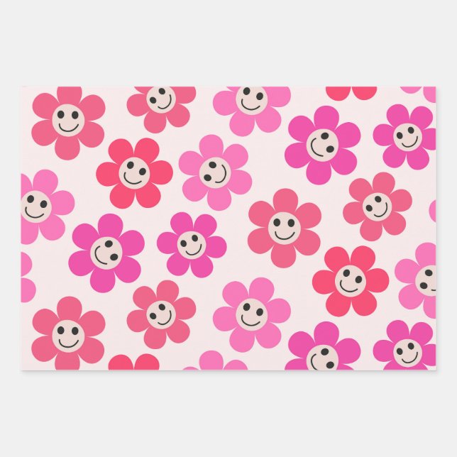 Cute Pink and red Smiling Flowers Pattern  Wrapping Paper Sheet (Front)