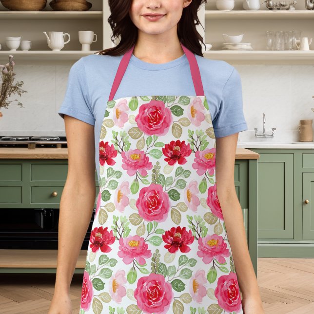 Cute Pink And Red Watercolor Roses Floral Apron (Creator Uploaded)