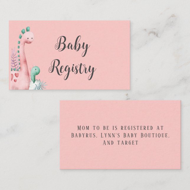 Cute Pink and Teal Dinosaurs Baby Girl Registry Business Card (Front/Back)