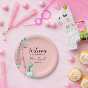 Cute Pink and Teal Dinosaurs Baby Shower Paper Plate