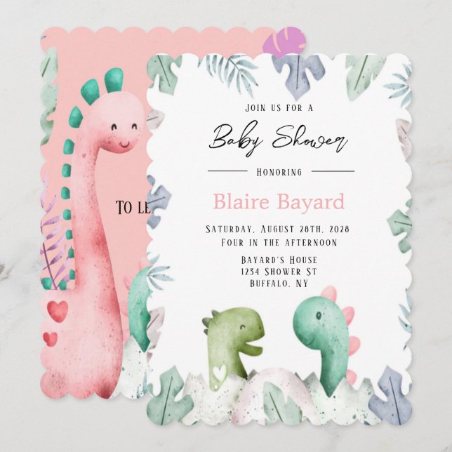 Cute Pink and Teal Dinosaurs Girl Baby Shower Invitation (Front/Back)