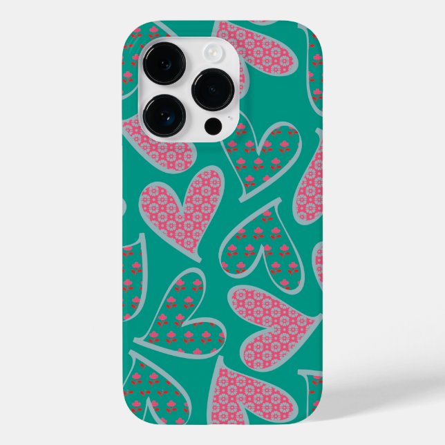 Cute Pink and Teal Floral Hearts Pattern Case-Mate iPhone Case (Back)