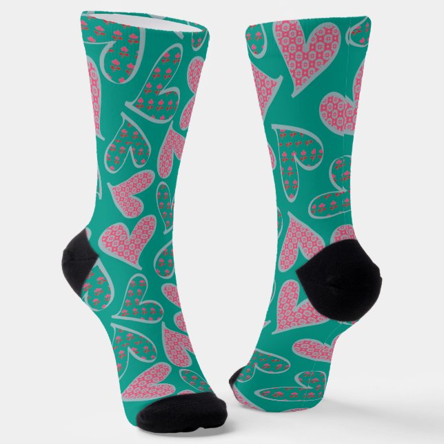 Cute Pink and Teal Floral Hearts Pattern Socks (Angled)
