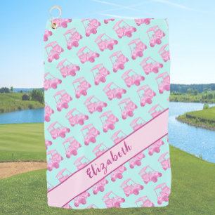Cute pink and teal golf cart personalised name towel