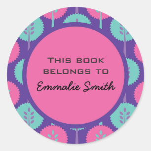 Cute Pink and Teal Trees on Purple Name Sticker