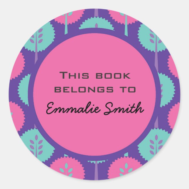 Cute Pink and Teal Trees on Purple Name Sticker (Front)