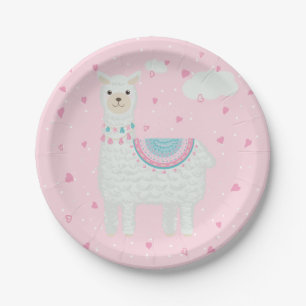 Cute Pink and Turquoise Llama  Paper Plate