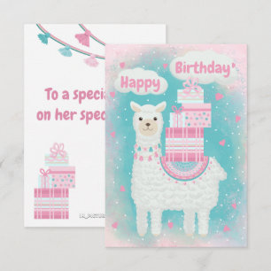 Cute pink and turquoise llama with gifts