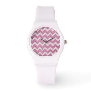 Cute Pink and White Brushed Metal Chevron Pattern Watch