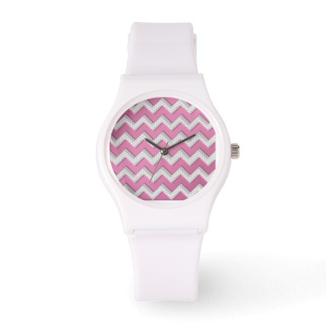 Cute Pink and White Brushed Metal Chevron Pattern Watch (Front)