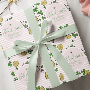 Cute Pink and White Clovers Irish Baby Shower Wrapping Paper Sheet
