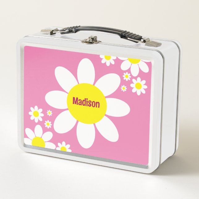 Cute Pink and White Daisies Floral Custom Name Metal Lunch Box (Front)