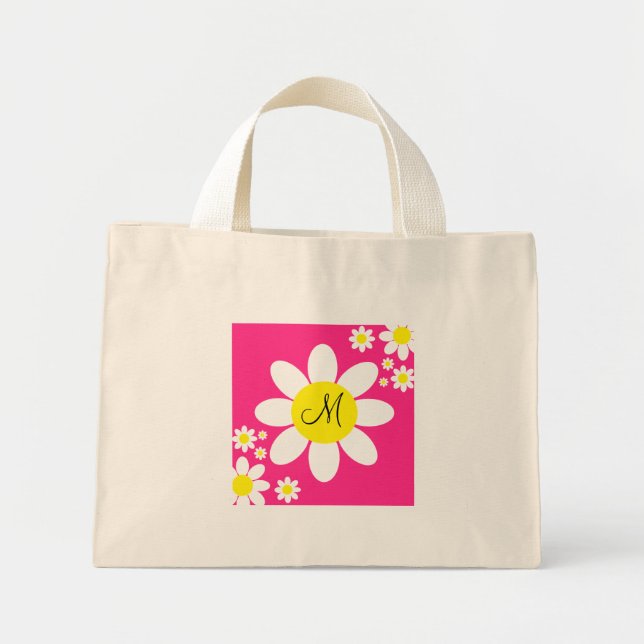 Cute Pink and White Daisies Floral Single Initial Mini Tote Bag (Front)
