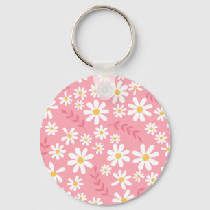 Cute Pink and White Daisy Floral Seamless Pattern Key Ring