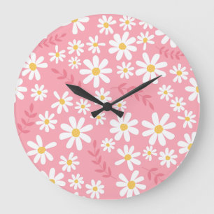 Cute Pink and White Daisy Floral Seamless Pattern Large Clock