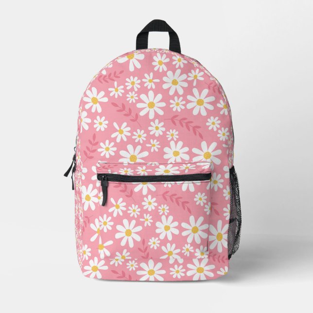Cute Pink and White Daisy Floral Seamless Pattern Printed Backpack (Front)
