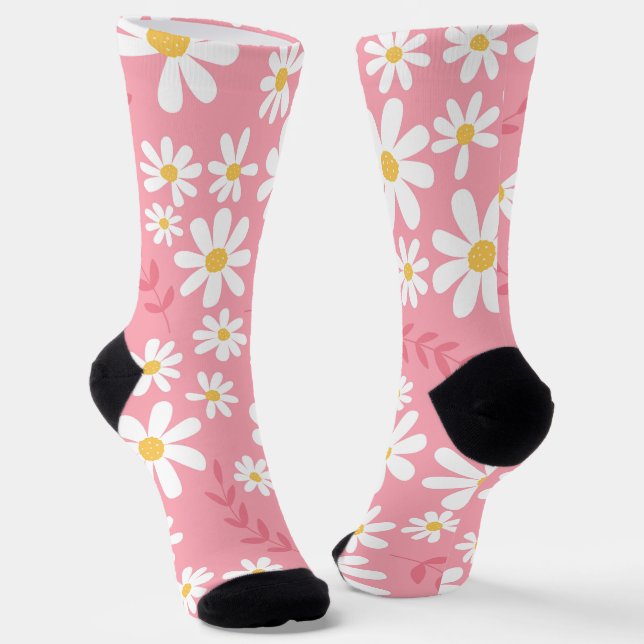 Cute Pink and White Daisy Floral Seamless Pattern Socks (Angled)