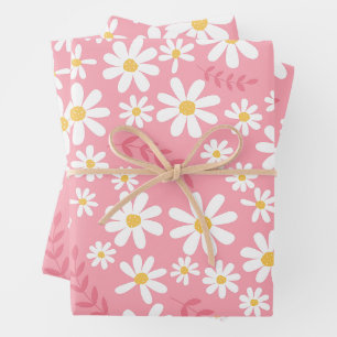 Cute Pink and White Daisy Floral Seamless Pattern Wrapping Paper Sheet