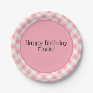 Cute Pink and White Gingham Birthday Party Paper Plate