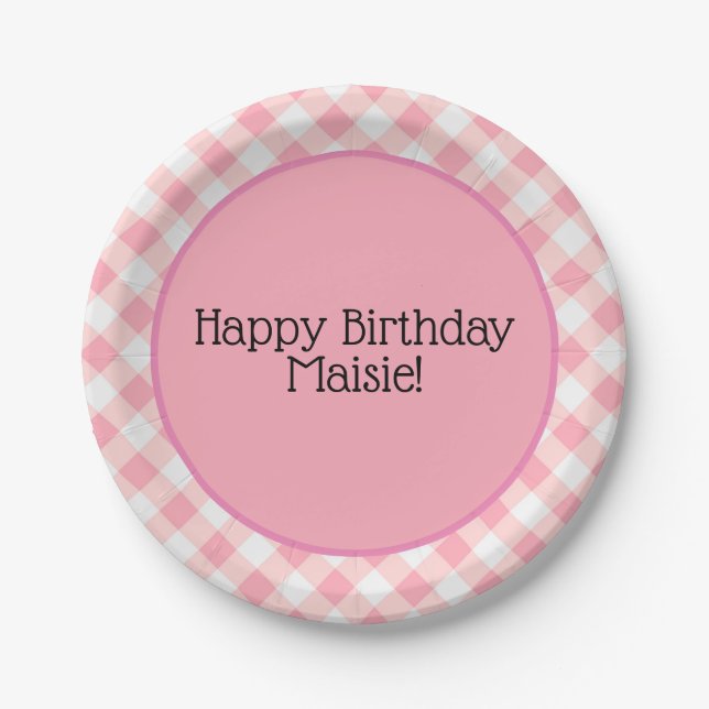 Cute Pink and White Gingham Birthday Party Paper Plate (Front)