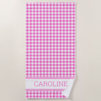 Cute Pink and White Gingham Plaid Check Beach Towel