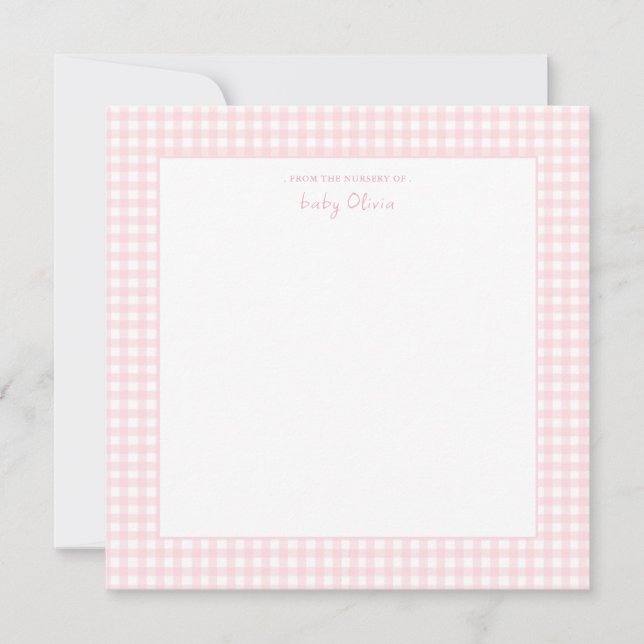 Cute Pink and white gingham Square Baby Girl Thank You Card (Front)