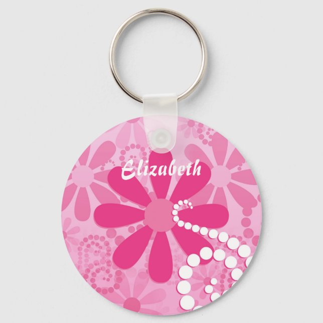 Cute Pink and White Girly Flowers Daisy Pattern Key Ring (Front)