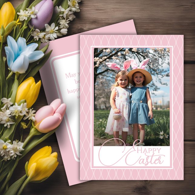 Cute Pink And White Happy Easter Custom Photo Holiday Card (Cute Pink And White Happy Easter Custom Photo Holiday Card)