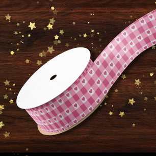 Cute Pink And White Heart Gingham Buffalo Plaid   Grosgrain Ribbon