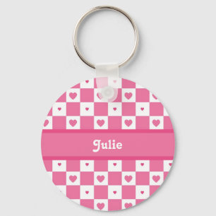 Cute Pink and White Heart Pretty Squares With Name Key Ring