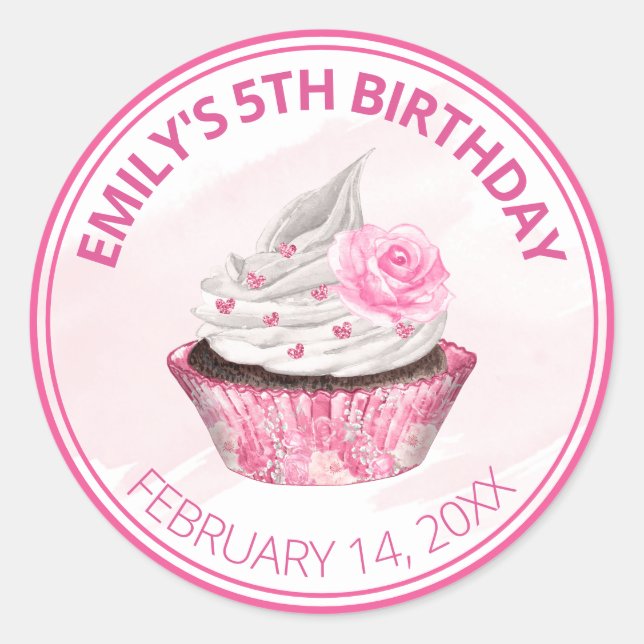 Cute Pink and White Icing Birthday Cupcake Classic Round Sticker (Front)