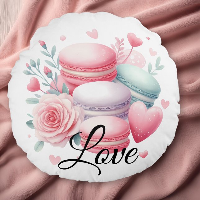 Cute Pink and White Love Macaron & Hearts  Round Cushion (Cute Pink Macarons and Hearts Love Round Throw Pillow)